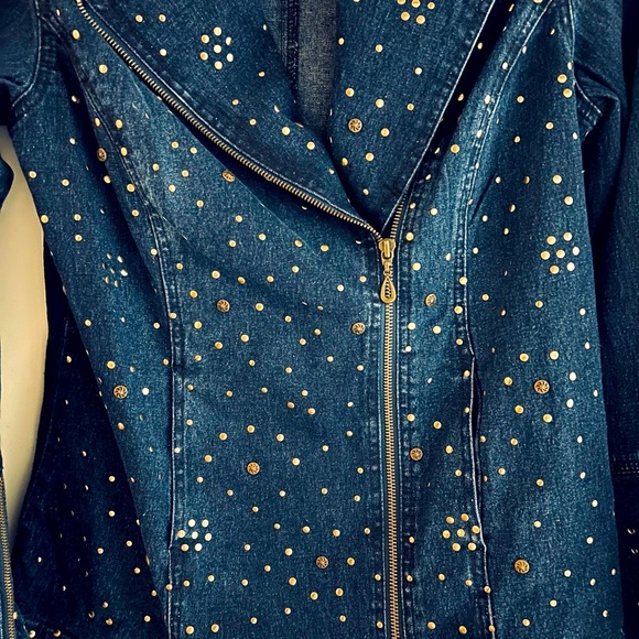 DG2 DIANE GILMAN EMBELLISHED DENIM BLUE ZIP MOTTO JACKET WITH ZIP FLARE SLEEVES - Picture 11 of 16
